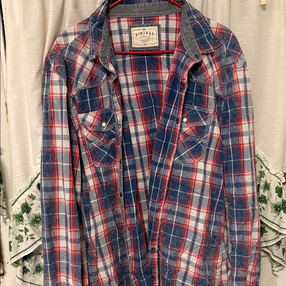 BKE Men's Blue and Red Plaid Button Down Shirt